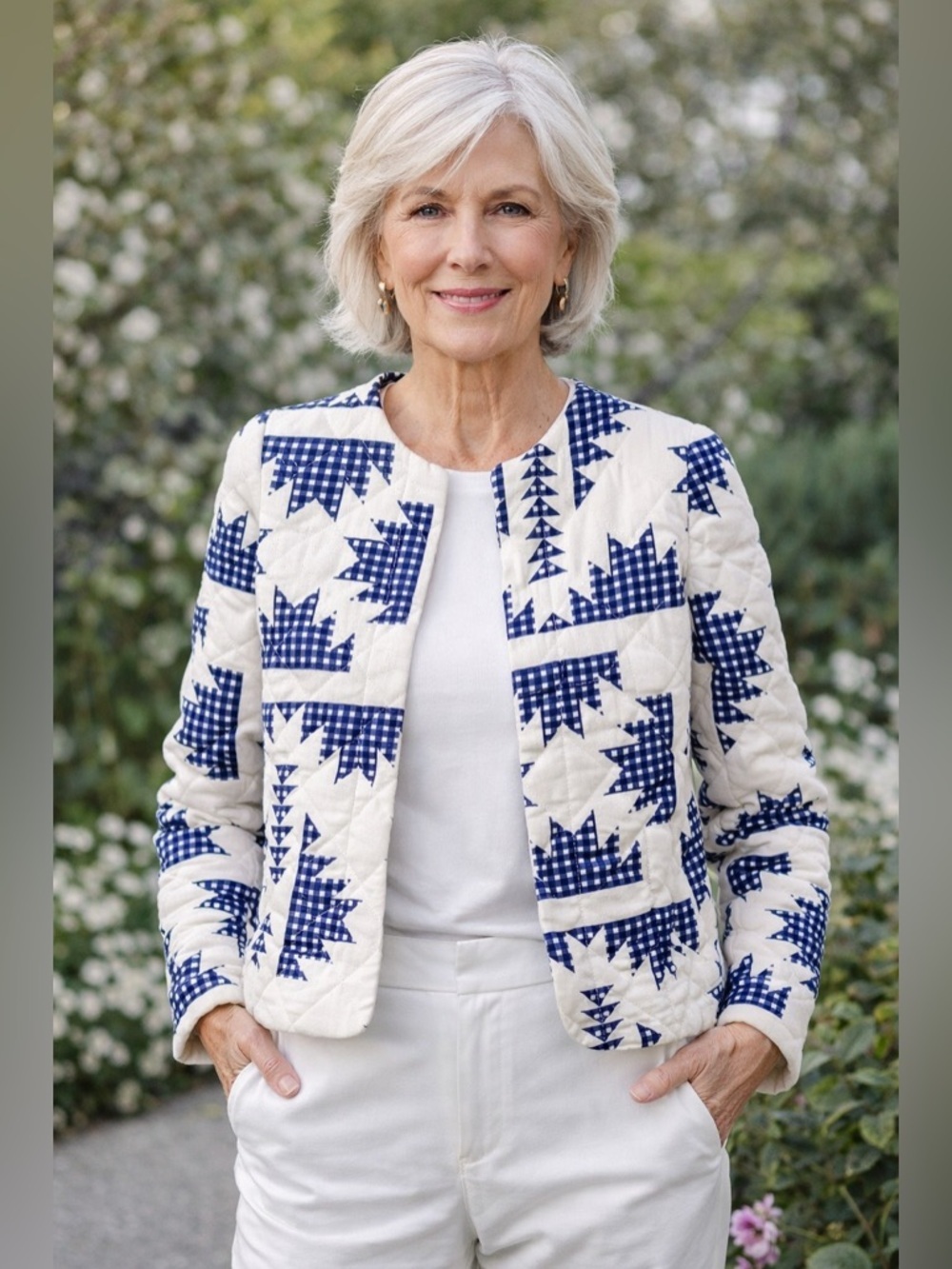 House of Harlow 1960 Quilted Jacket XS Blue Gingham Linen Blend Boho Chic Blazer
